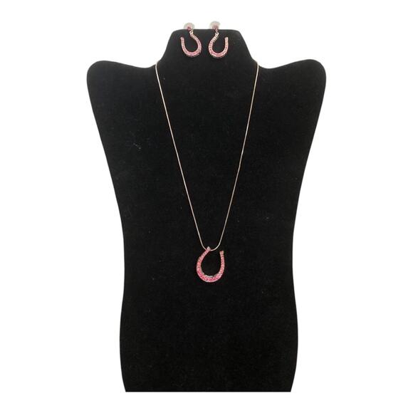 Vintage Western Country Chic Red Gemstone Horseshoe Design Necklace Earrings Set - Picture 1 of 8